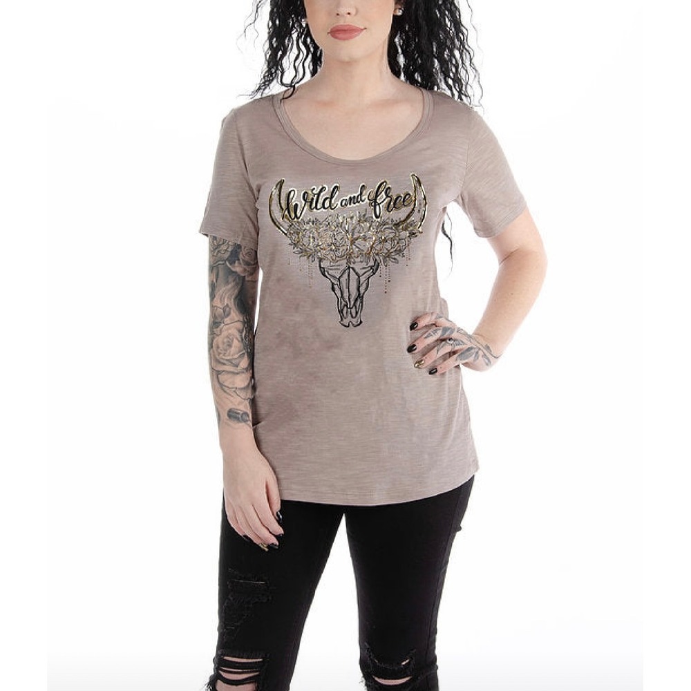 Liberty Wear Women s New Tee Shirt 3XL‎  Mocha Wild and Free Skull  Graphic